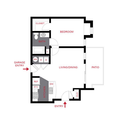 Floor plan for 1 bed, 1 bath, 688 sqft